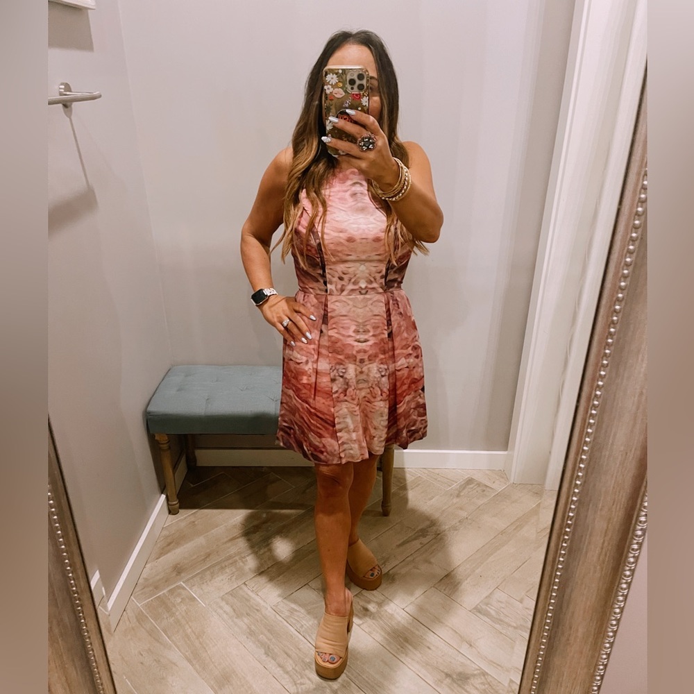 JOY CIOCI Pink Watercolor Fit&Flare BROOKE Racerback Silk Dress size 2